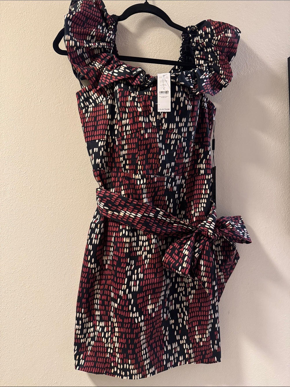 White House Black Market Burgundy, Black & Cream One-Shoulder Ruffle Mini Dress